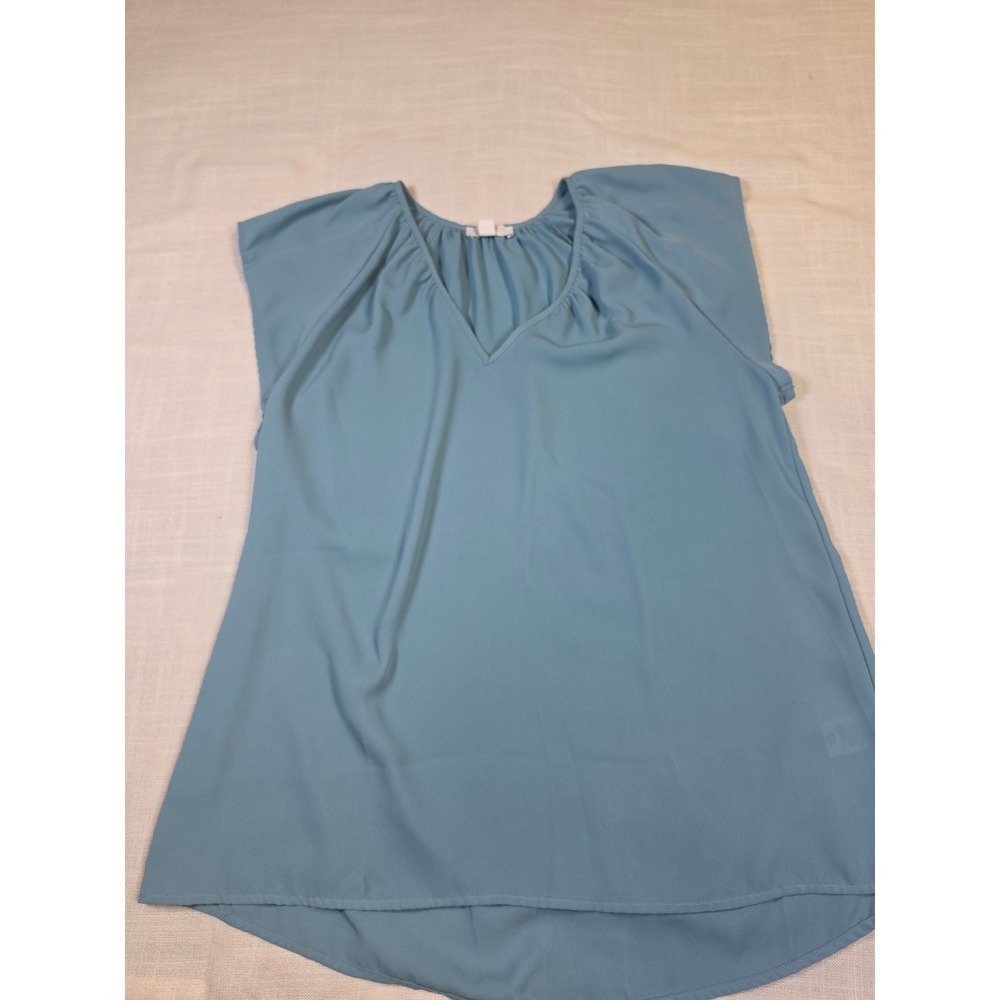 14th & Union Wms Small Blue V-Neck Gathered Sleeveless Soft Blouse High-Low Hem